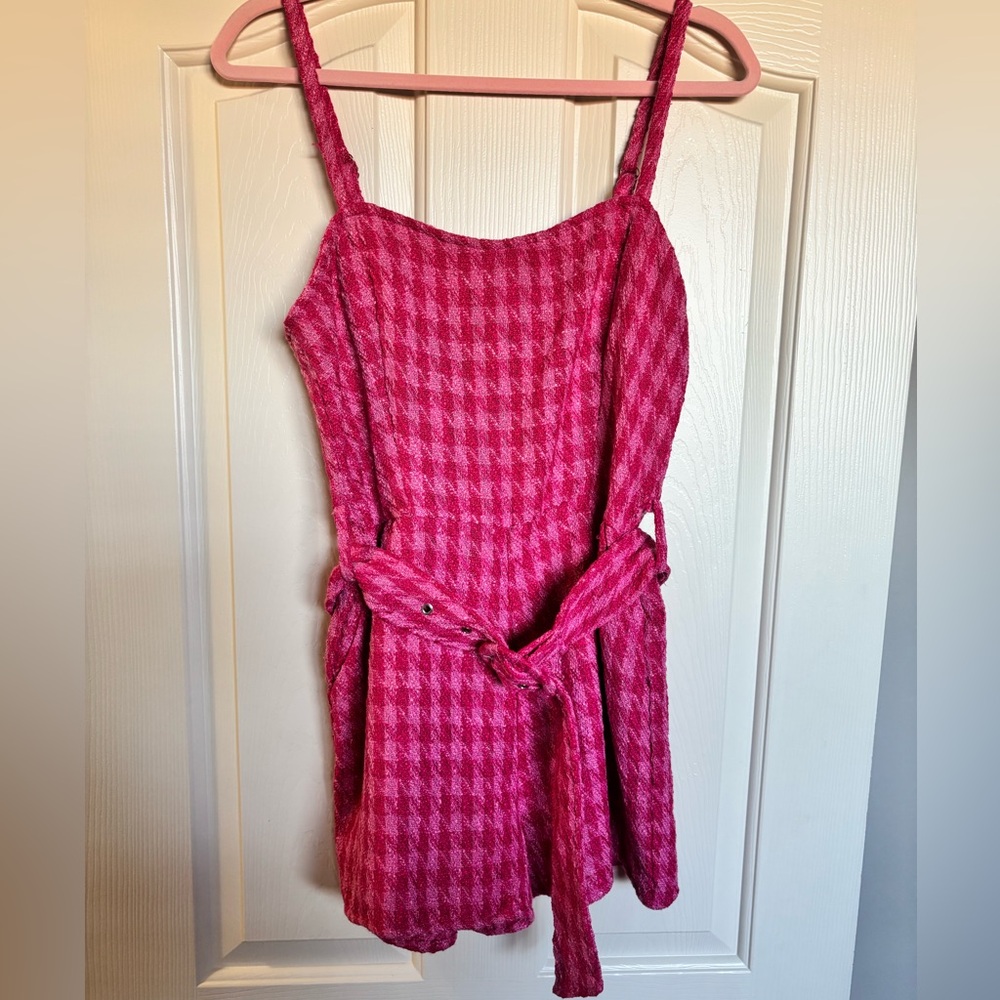 Strapless Pink Houndstooth Dress with Tie Waist